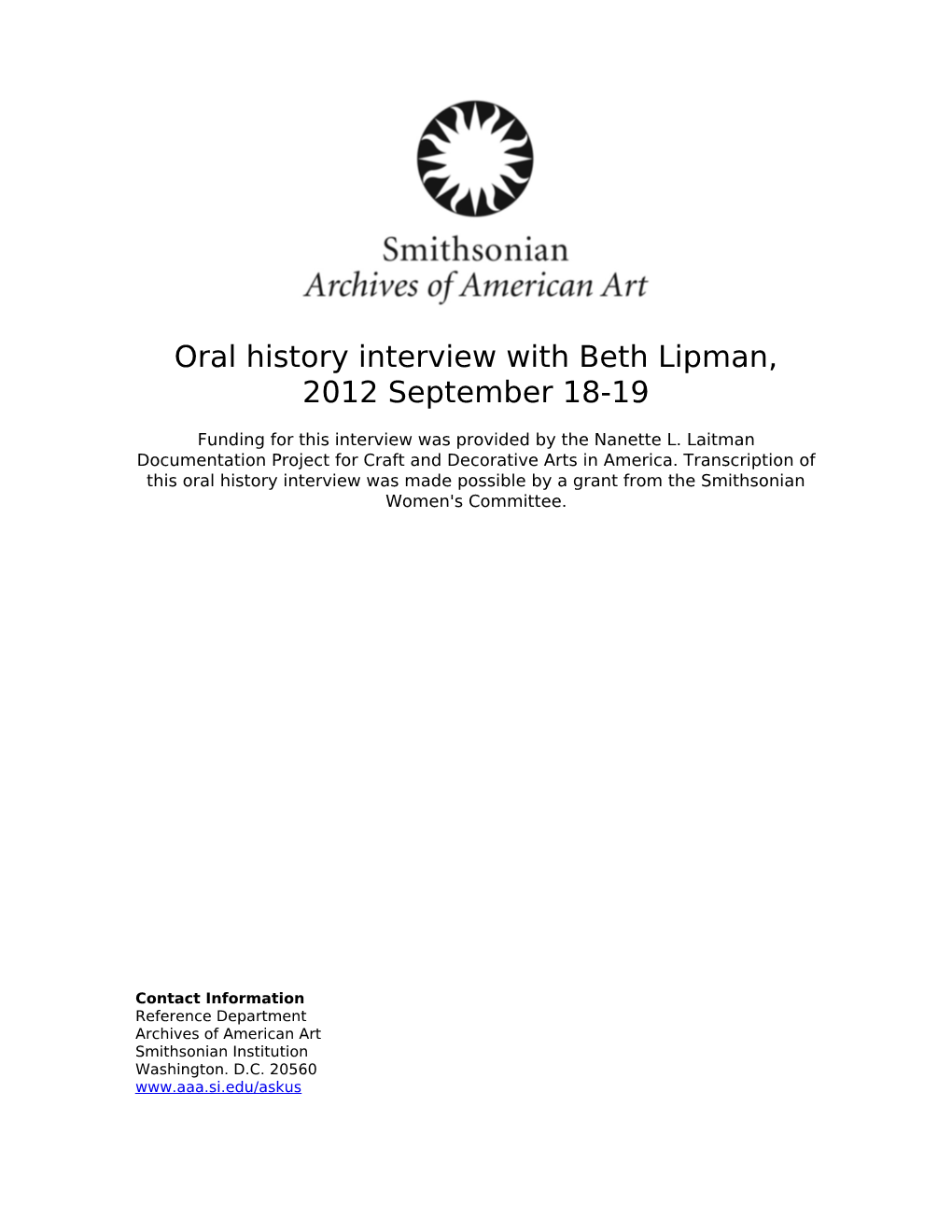 Oral History Interview with Beth Lipman, 2012 September 18-19