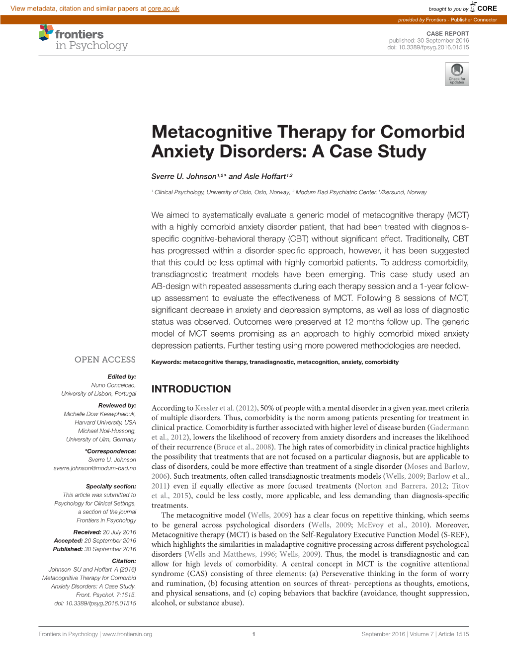 Metacognitive Therapy for Comorbid Anxiety Disorders: a Case Study