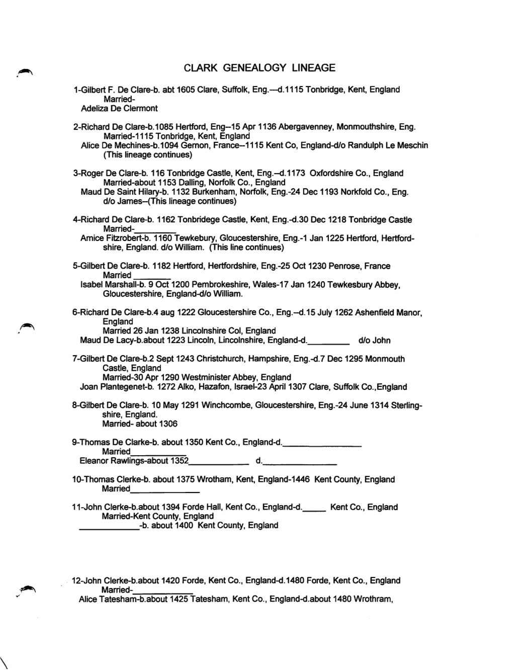 Clark Genealogy Lineage