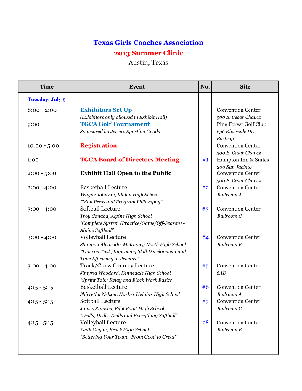 2013 Clinic Schedule