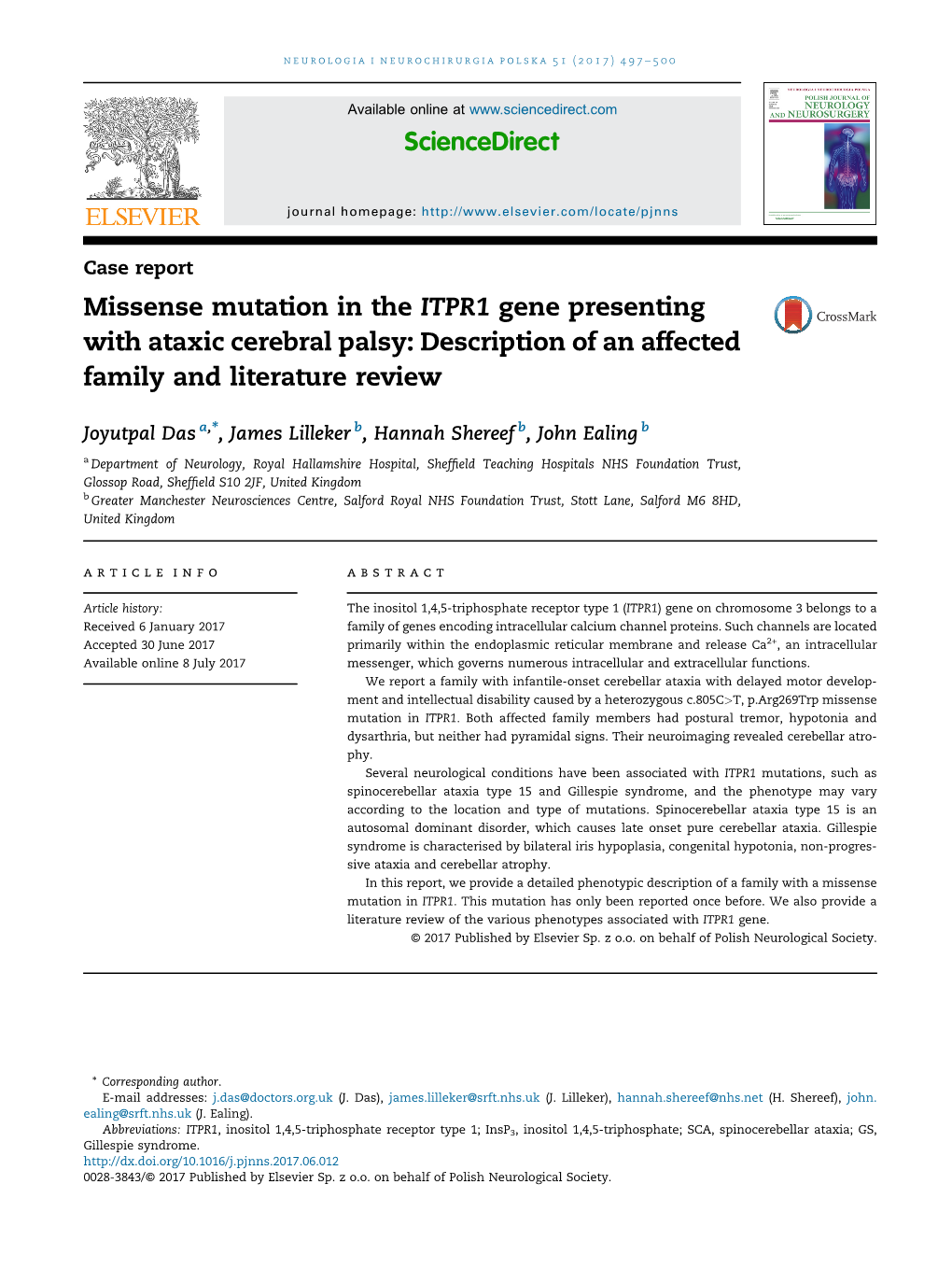 Missense Mutation in the ITPR1 Gene Presenting with Ataxic Cerebral Palsy