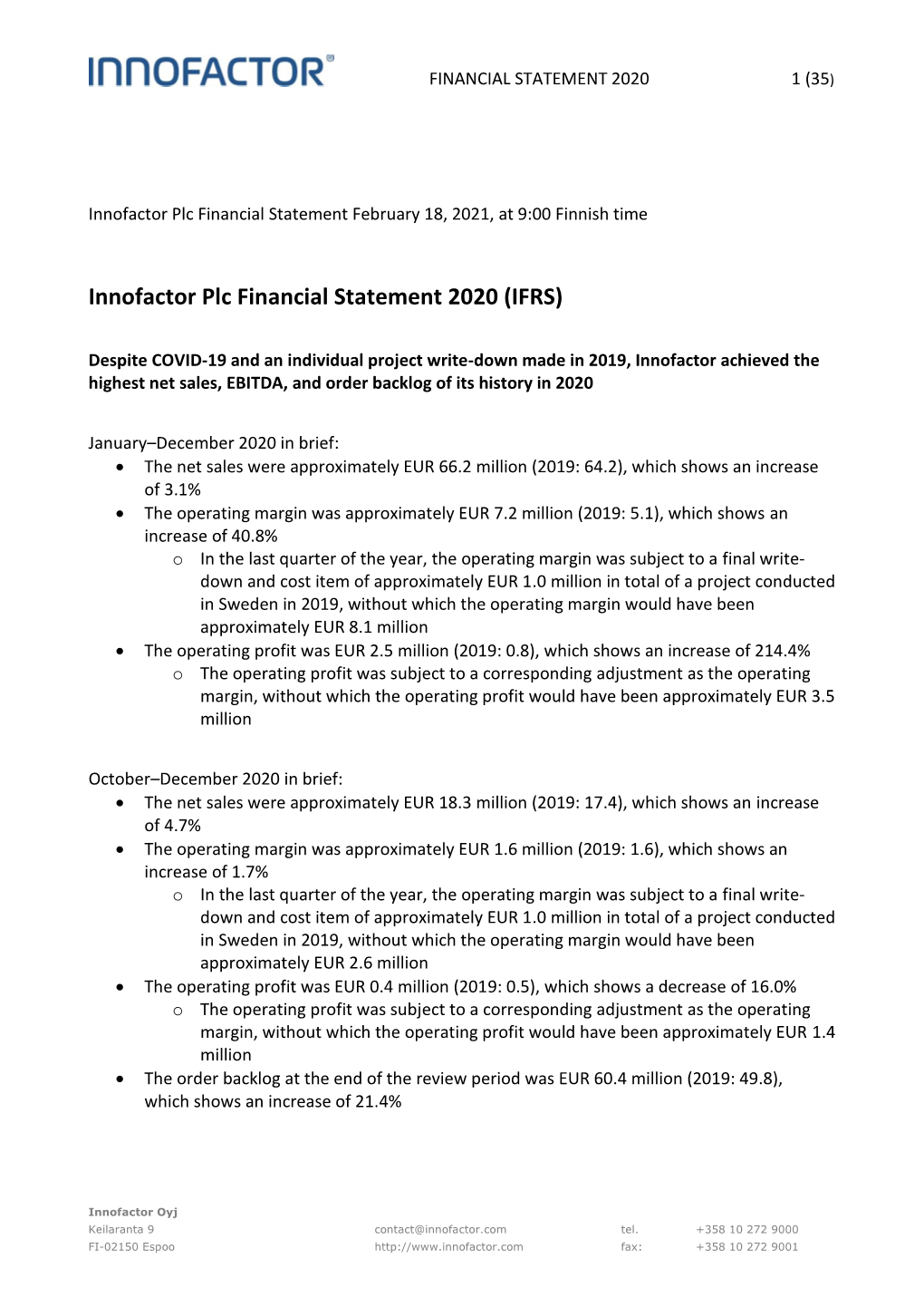 Innofactor Plc Financial Statement 2020 (IFRS)