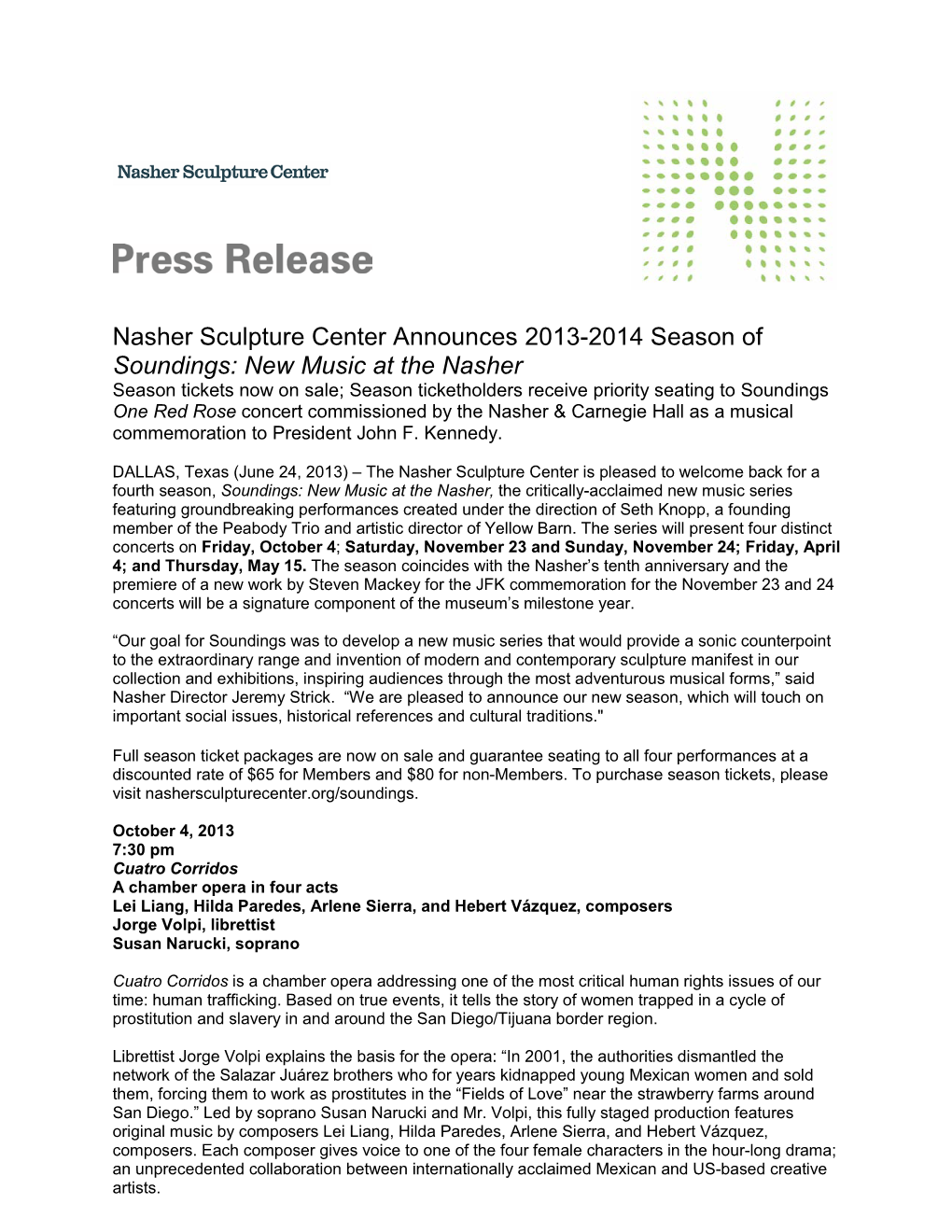 Nasher Sculpture Center Announces 2013-2014 Season of Soundings