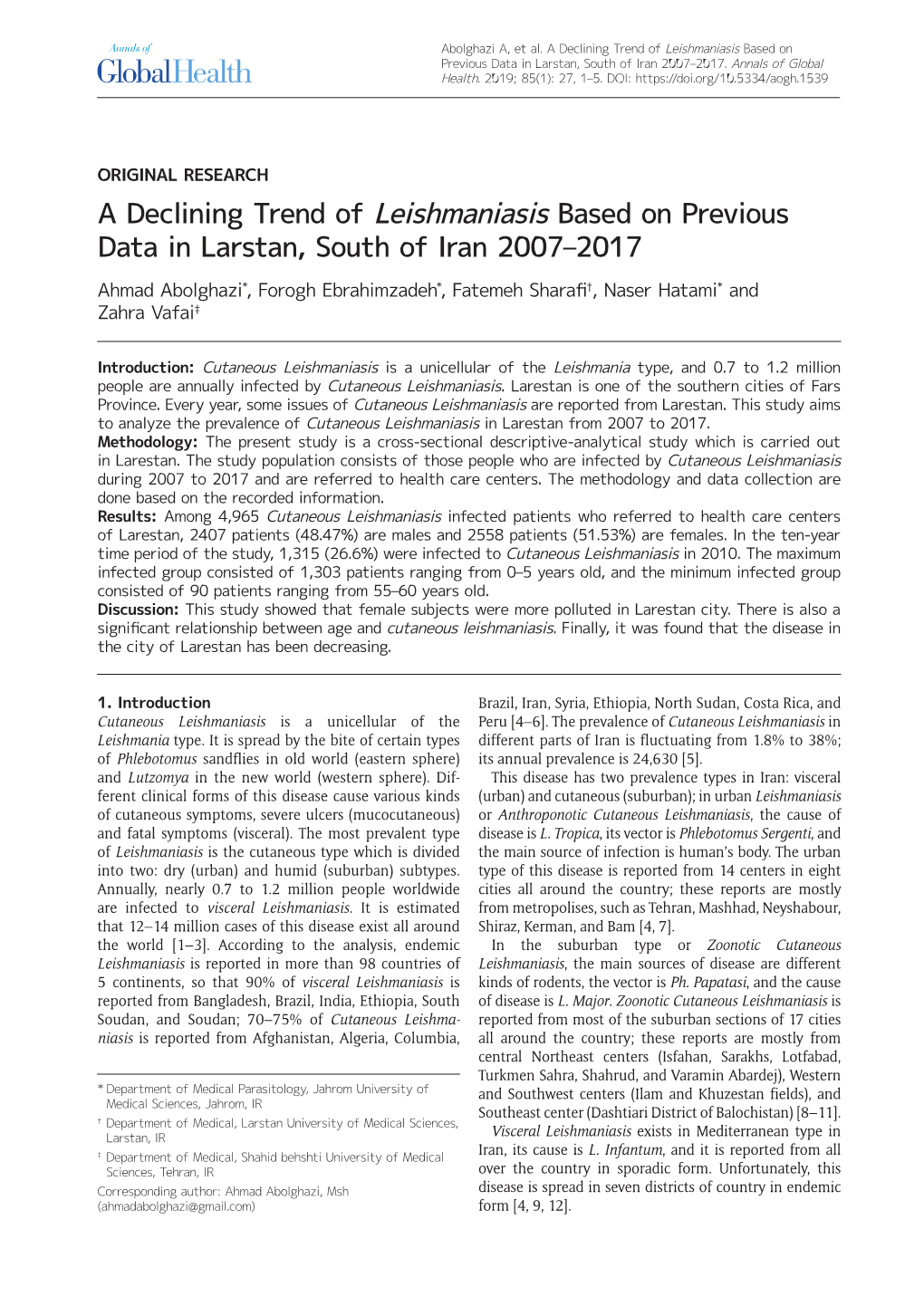 A Declining Trend of Leishmaniasis Based on Previous Data in Larstan, South of Iran 2007–2017