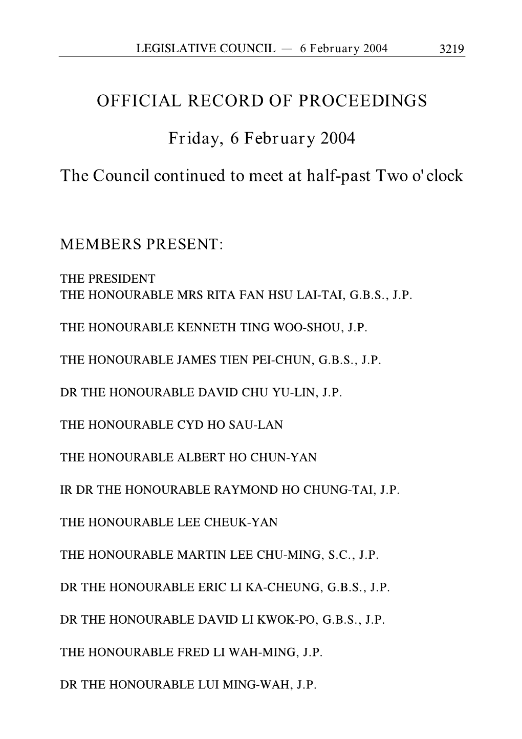 OFFICIAL RECORD of PROCEEDINGS Friday, 6 February