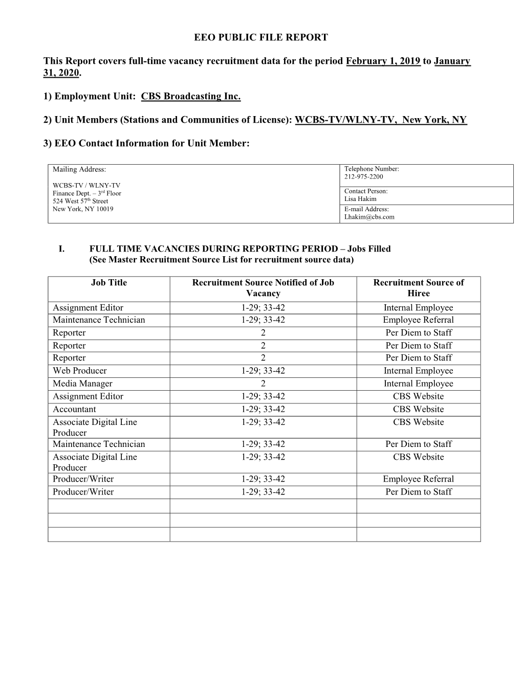 EEO PUBLIC FILE REPORT This Report Covers Full-Time Vacancy