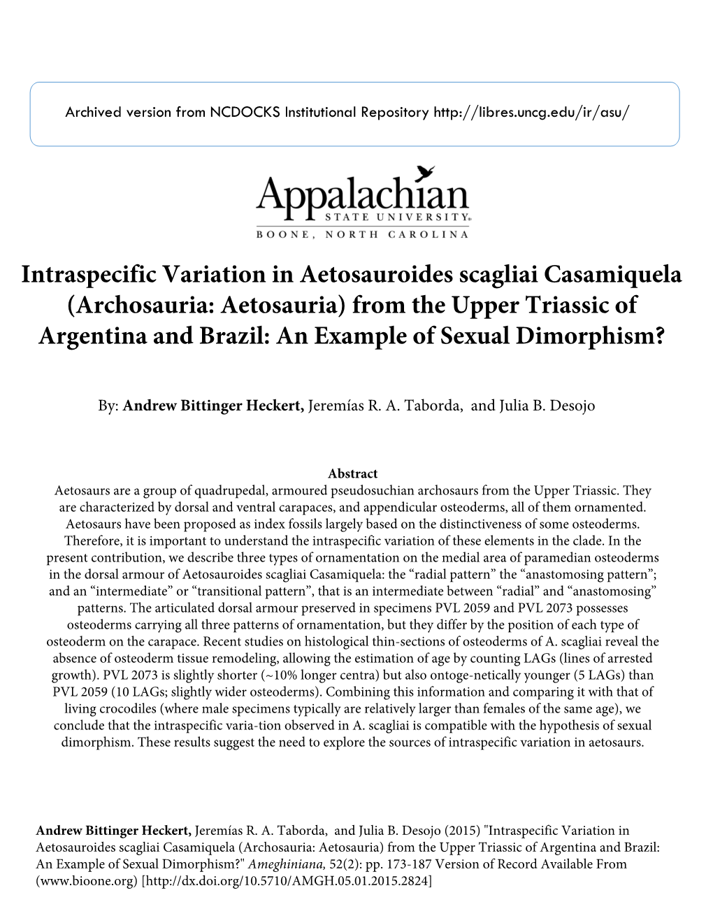 Intraspecific Variation in Aetosauroides Scagliai Casamiquela
