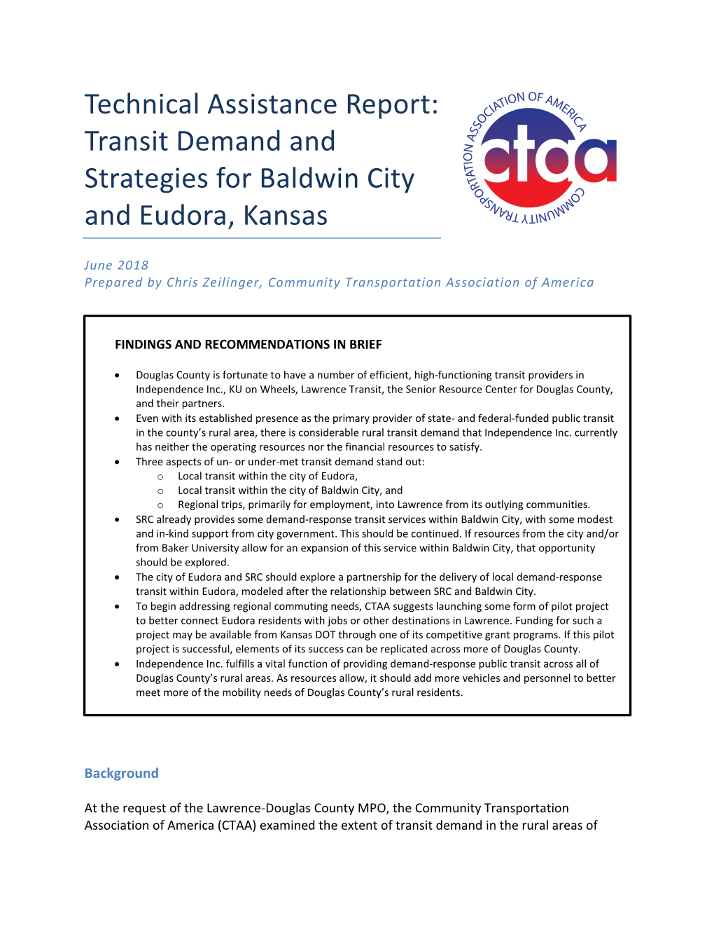 CTAA Technical Assist Report: Transit Demand and Strategies for Baldwin