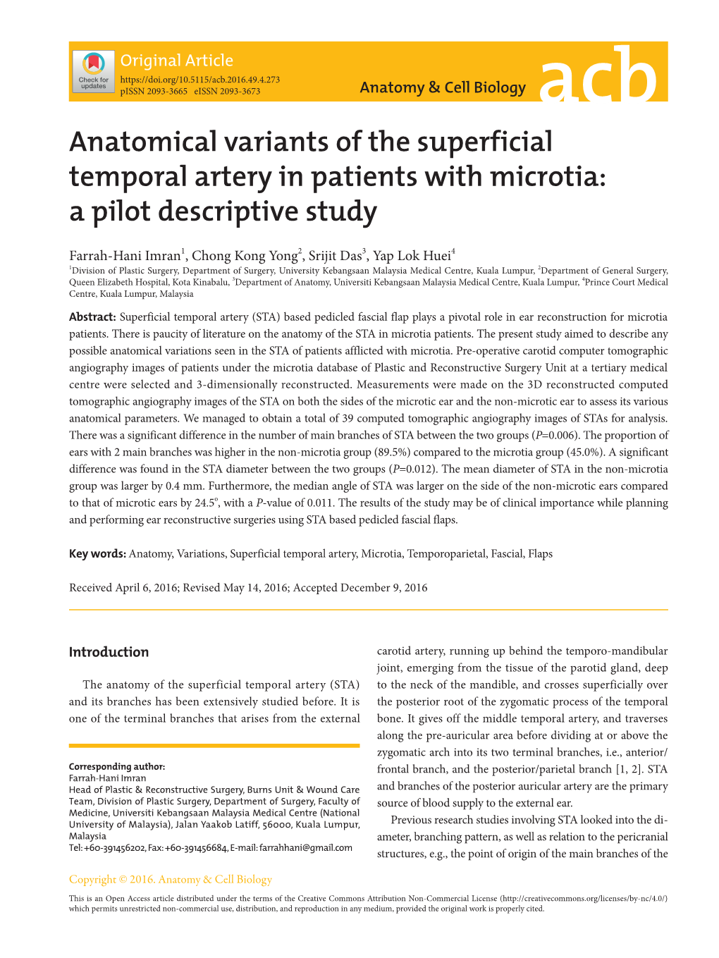 Anatomical Variants of the Superficial Temporal Artery in Patients with Microtia: a Pilot Descriptive Study