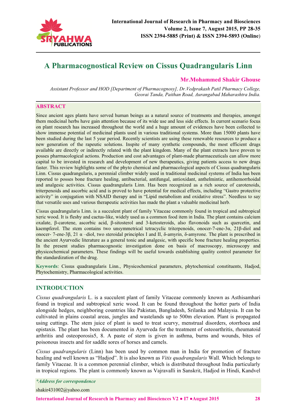 A Pharmacognostical Review on Cissus Quadrangularis Linn