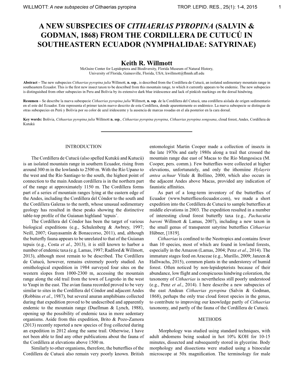 A New Subspecies of Cithaerias Pyropina TROP