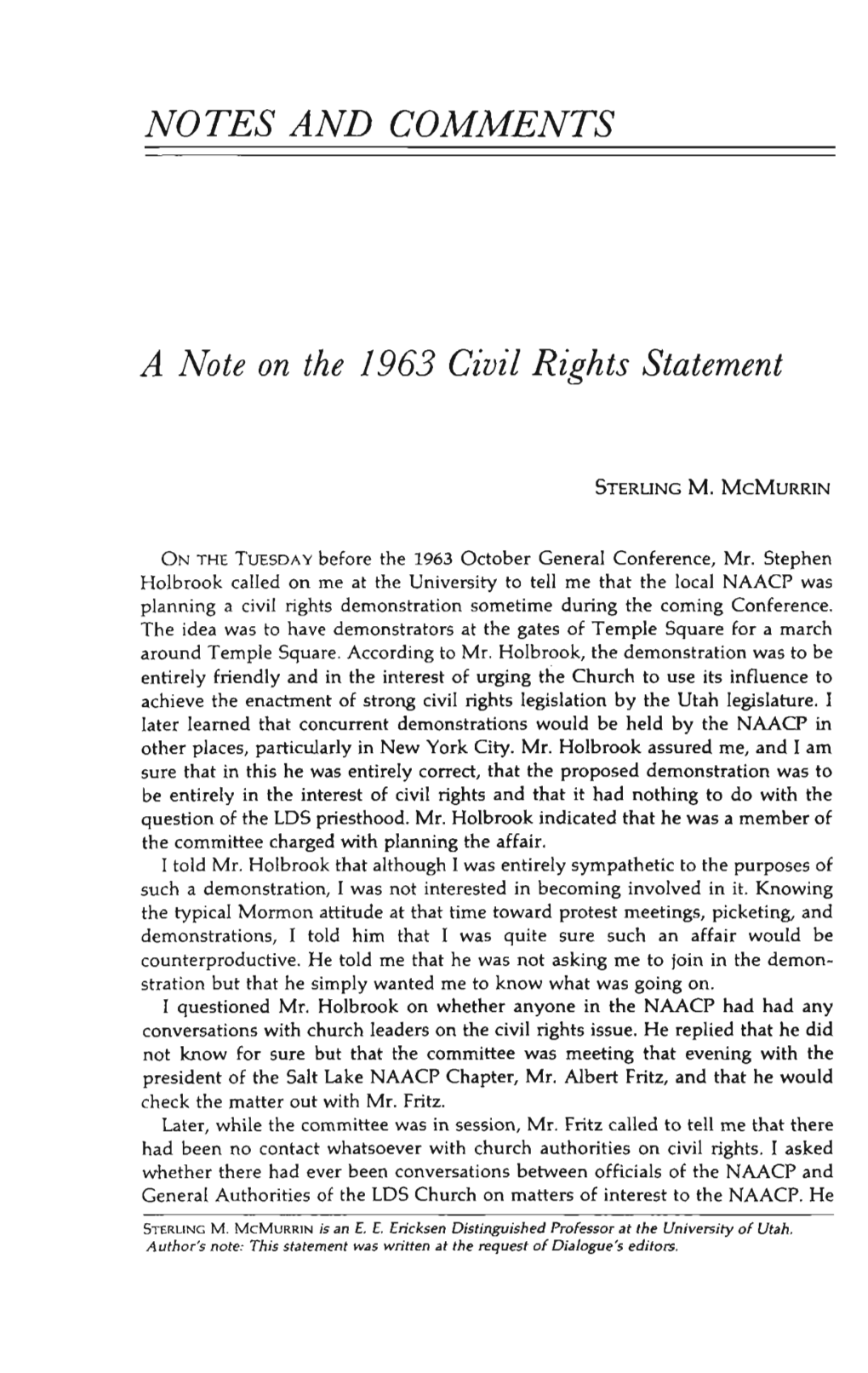 NOTES and COMMENTS a Note on the 1963 Civil Rights Statement