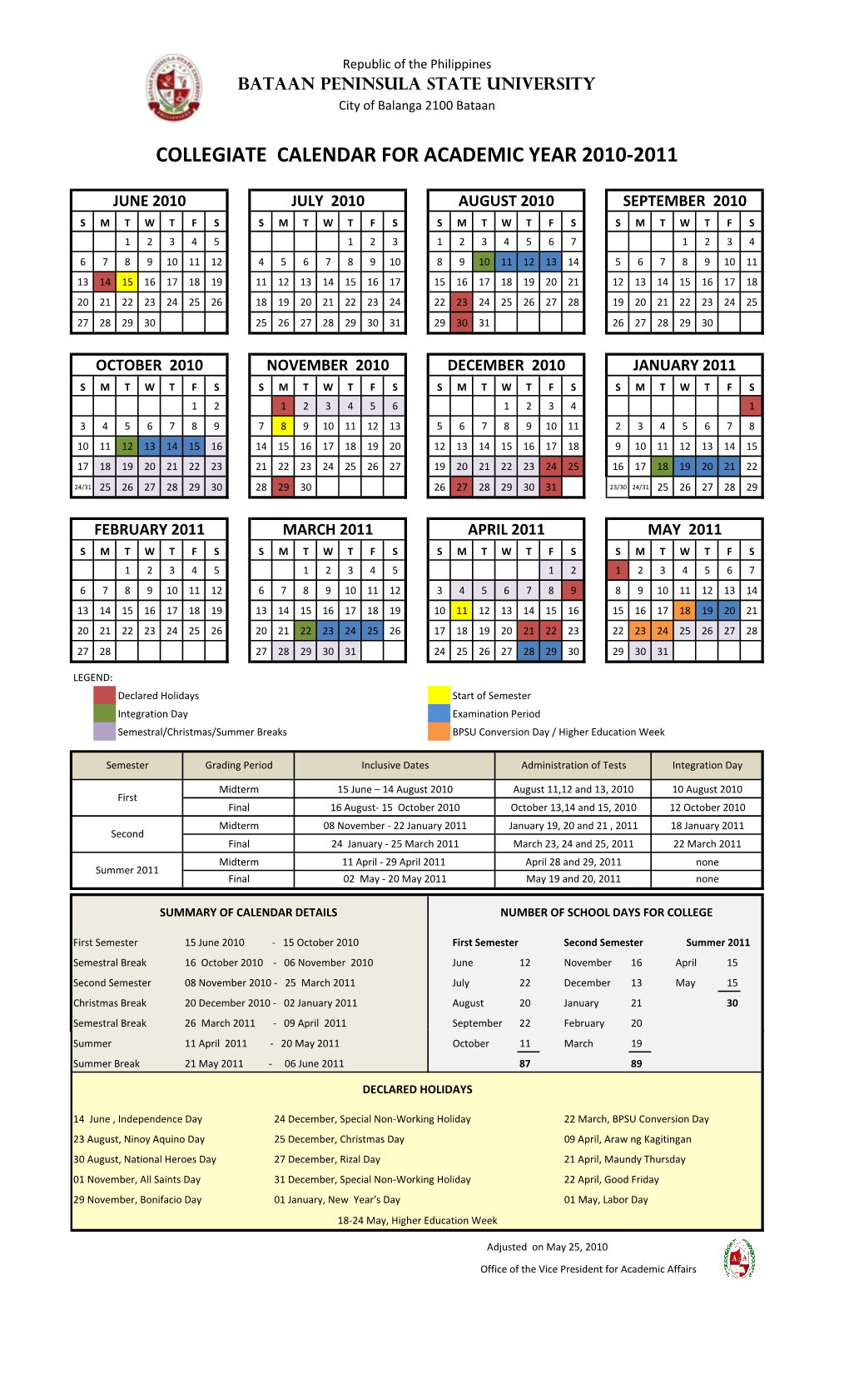 Collegiate Calendar AY 2010-2011 PDF File.Xlsx