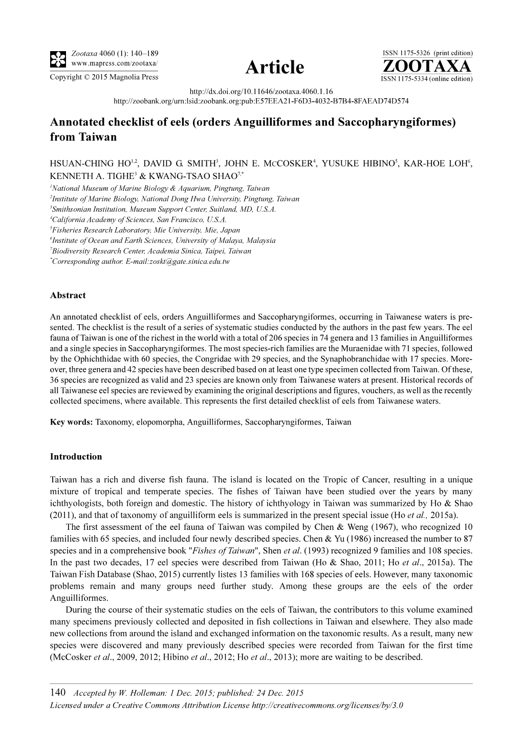 Annotated Checklist of Eels (Orders Anguilliformes and Saccopharyngiformes) from Taiwan