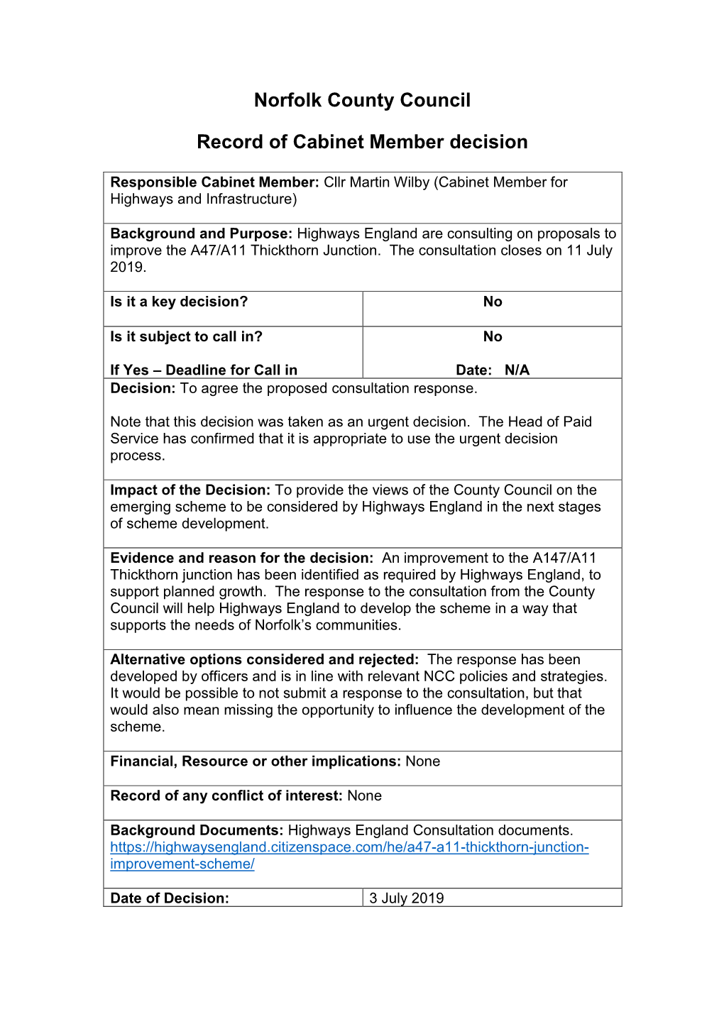 Norfolk County Council Record of Cabinet Member Decision