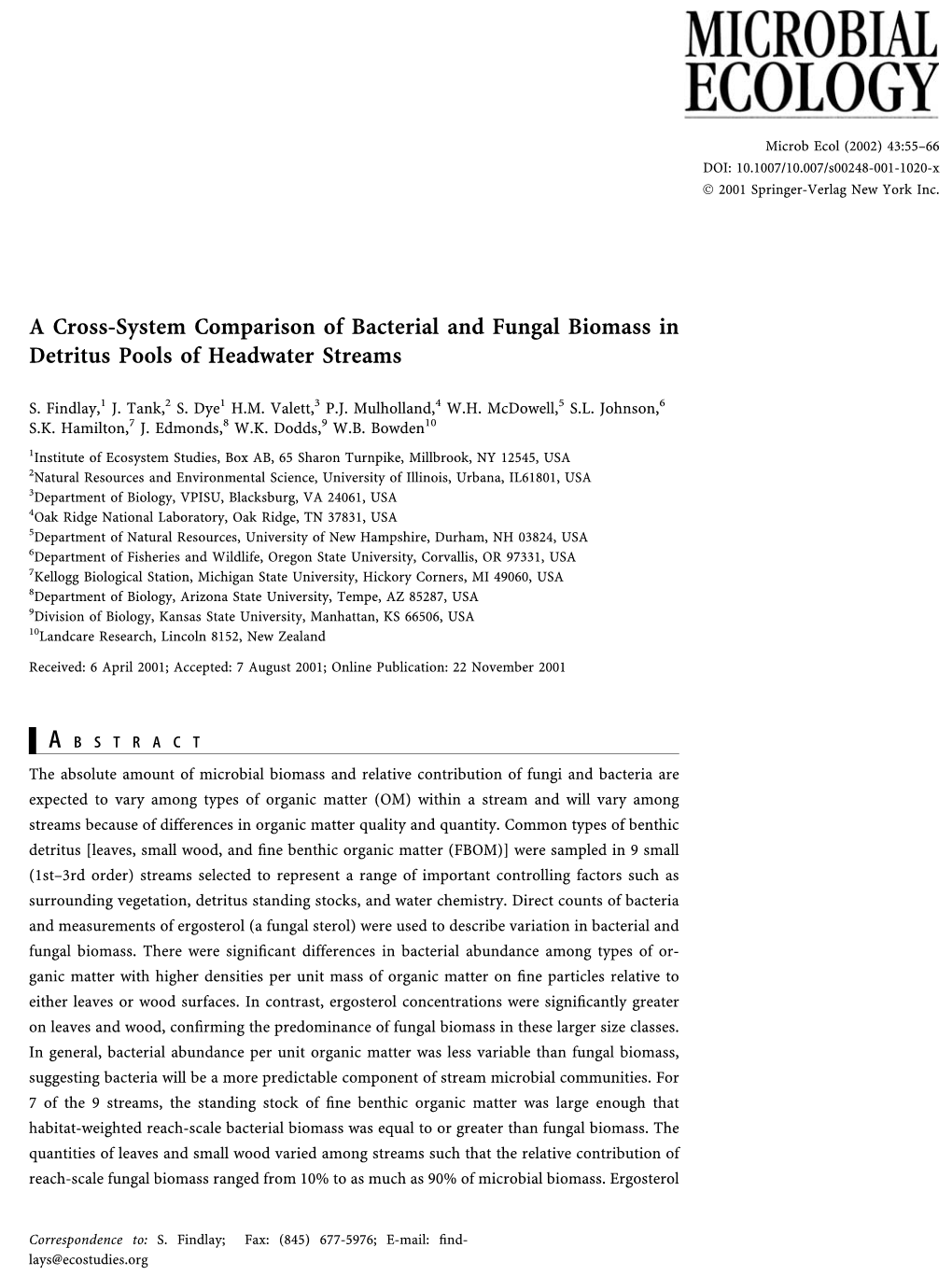 A Cross-System Comparison of Bacterial and Fungal Biomass in Detritus Pools of Headwater Streams