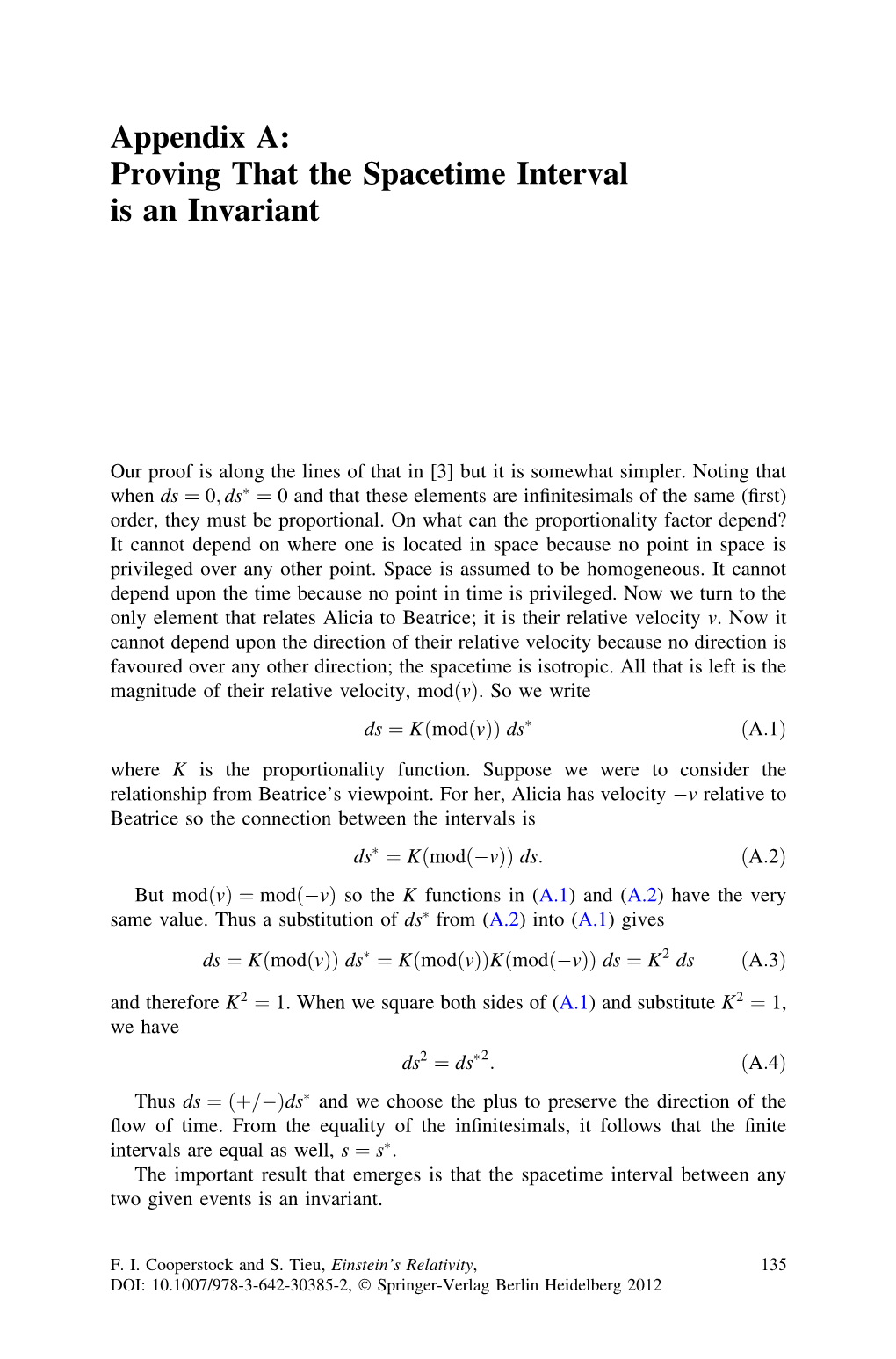 Appendix A: Proving That the Spacetime Interval Is an Invariant
