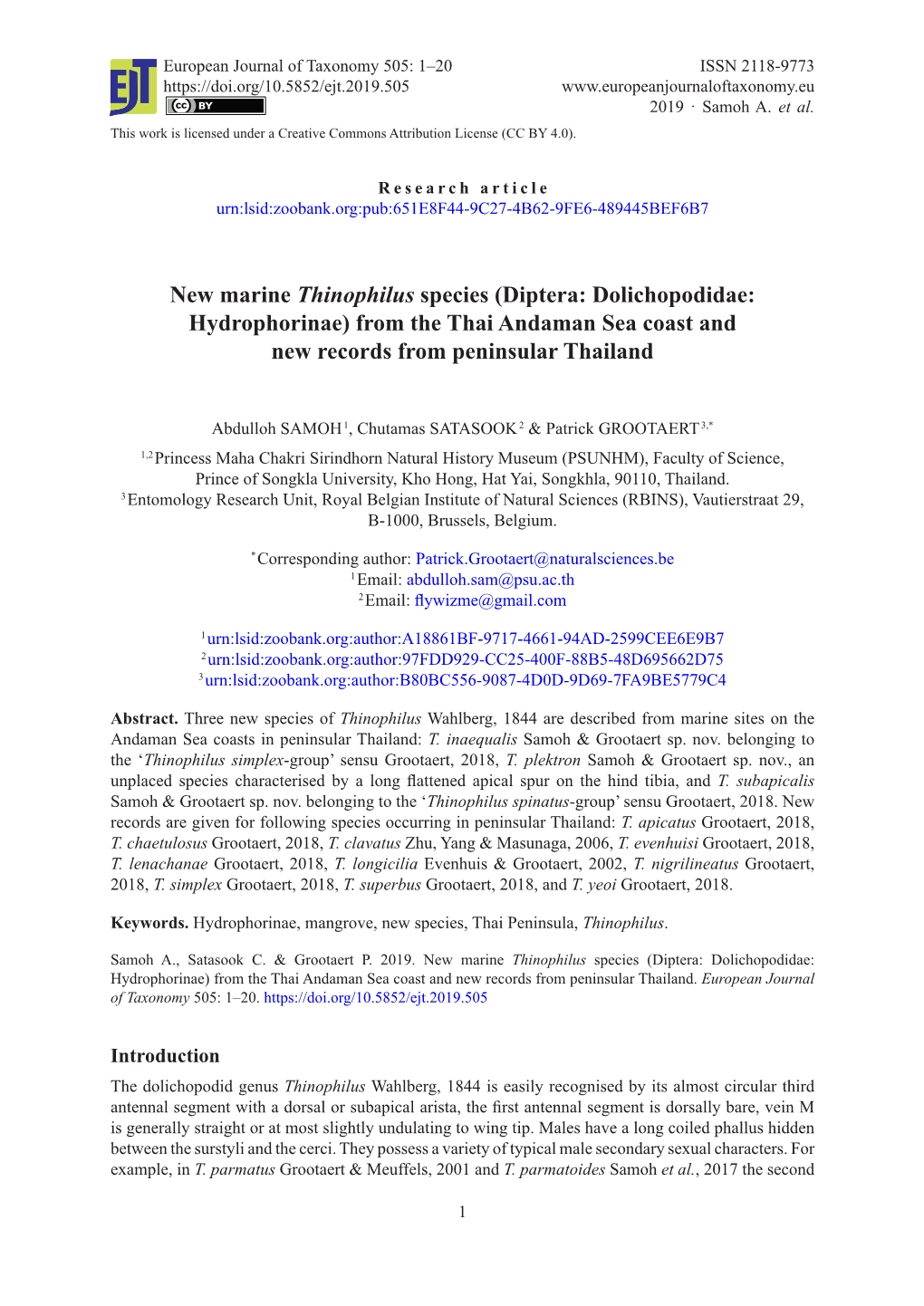 New Marine Thinophilus Species (Diptera: Dolichopodidae: Hydrophorinae) from the Thai Andaman Sea Coast and New Records from Peninsular Thailand