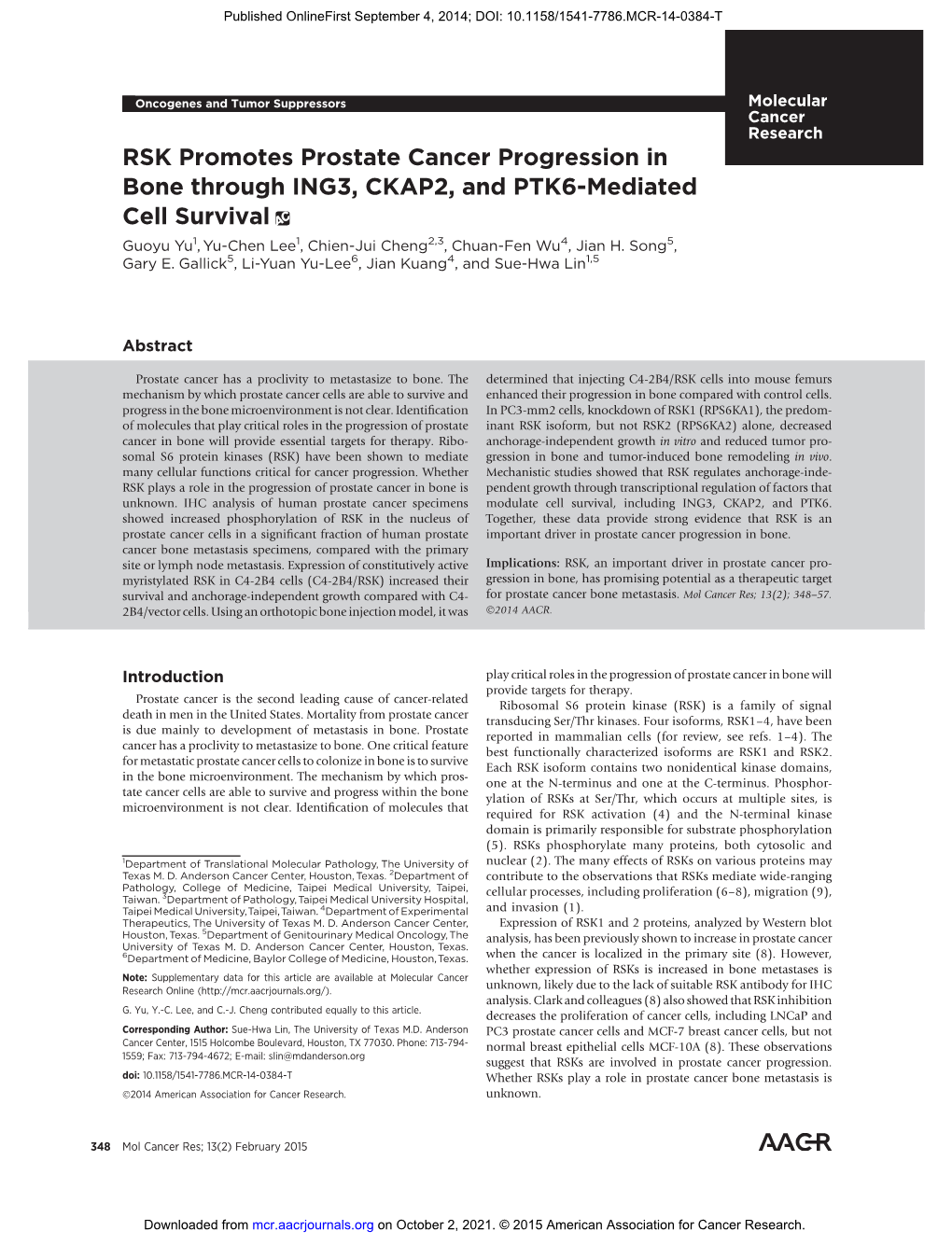 RSK Promotes Prostate Cancer Progression in Bone Through ING3