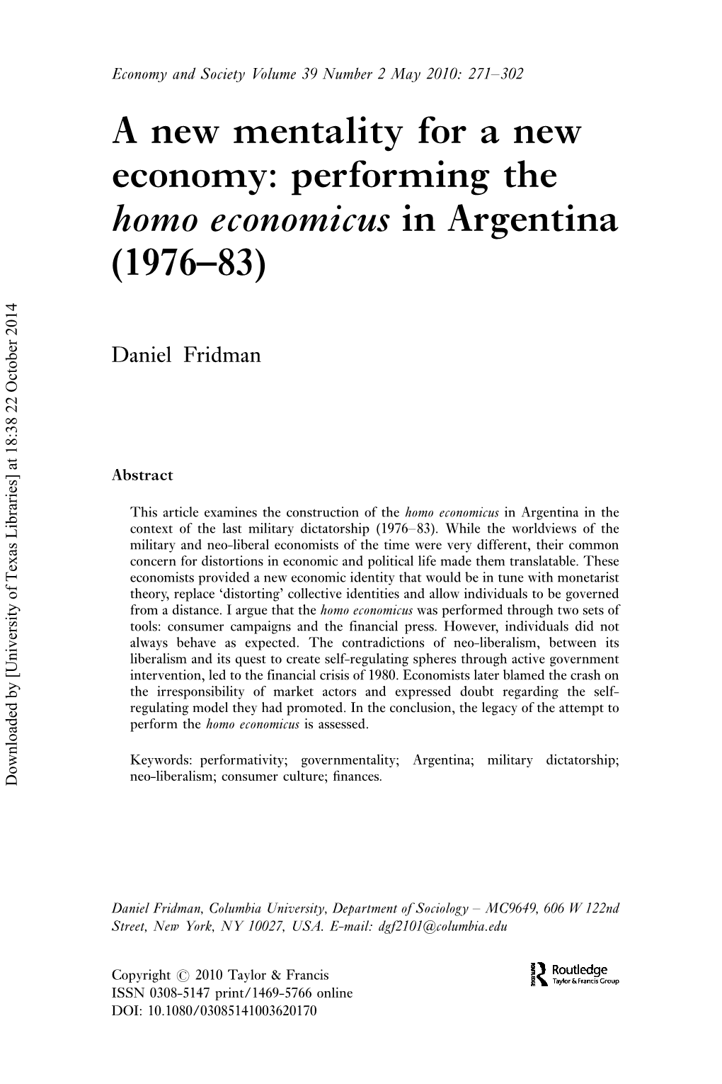 A New Mentality for a New Economy: Performing the Homo Economicus in Argentina (1976Á83)