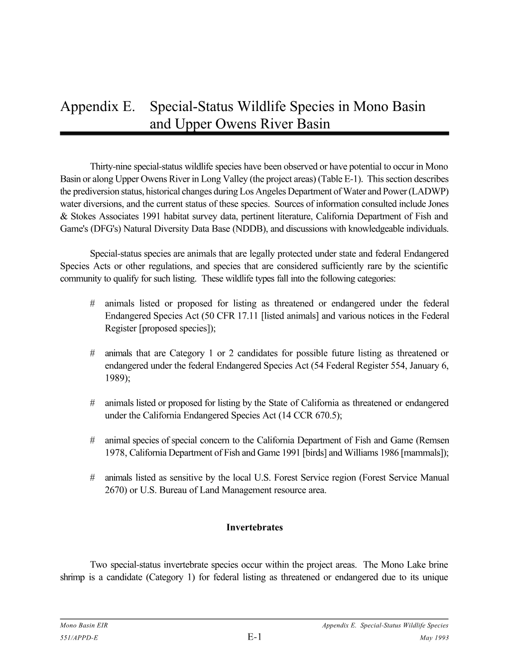 Appendix E. Special-Status Wildlife Species in Mono Basin and Upper Owens River Basin