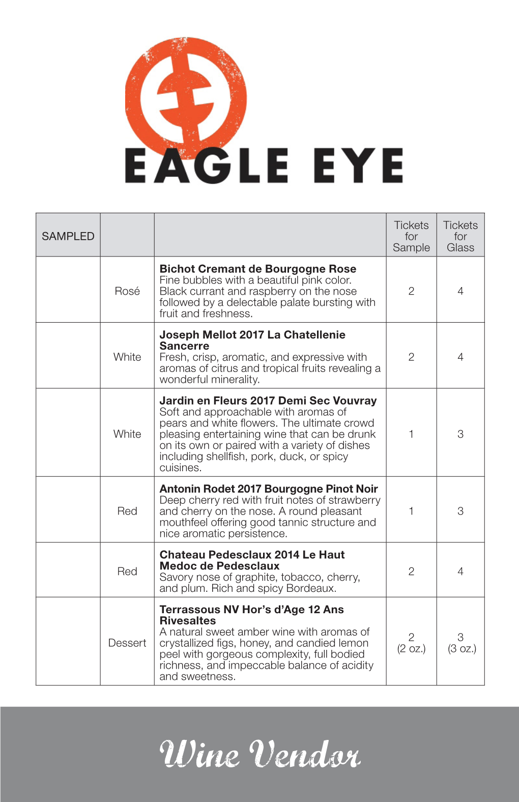 Wine Vendor Tickets Tickets SAMPLED for for Sample Glass