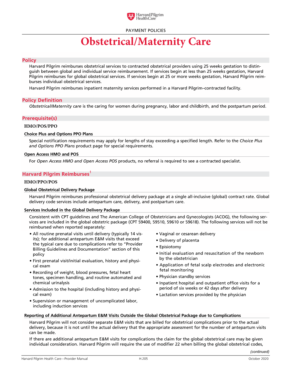 Obstetrical/Maternity Care Payment Policy