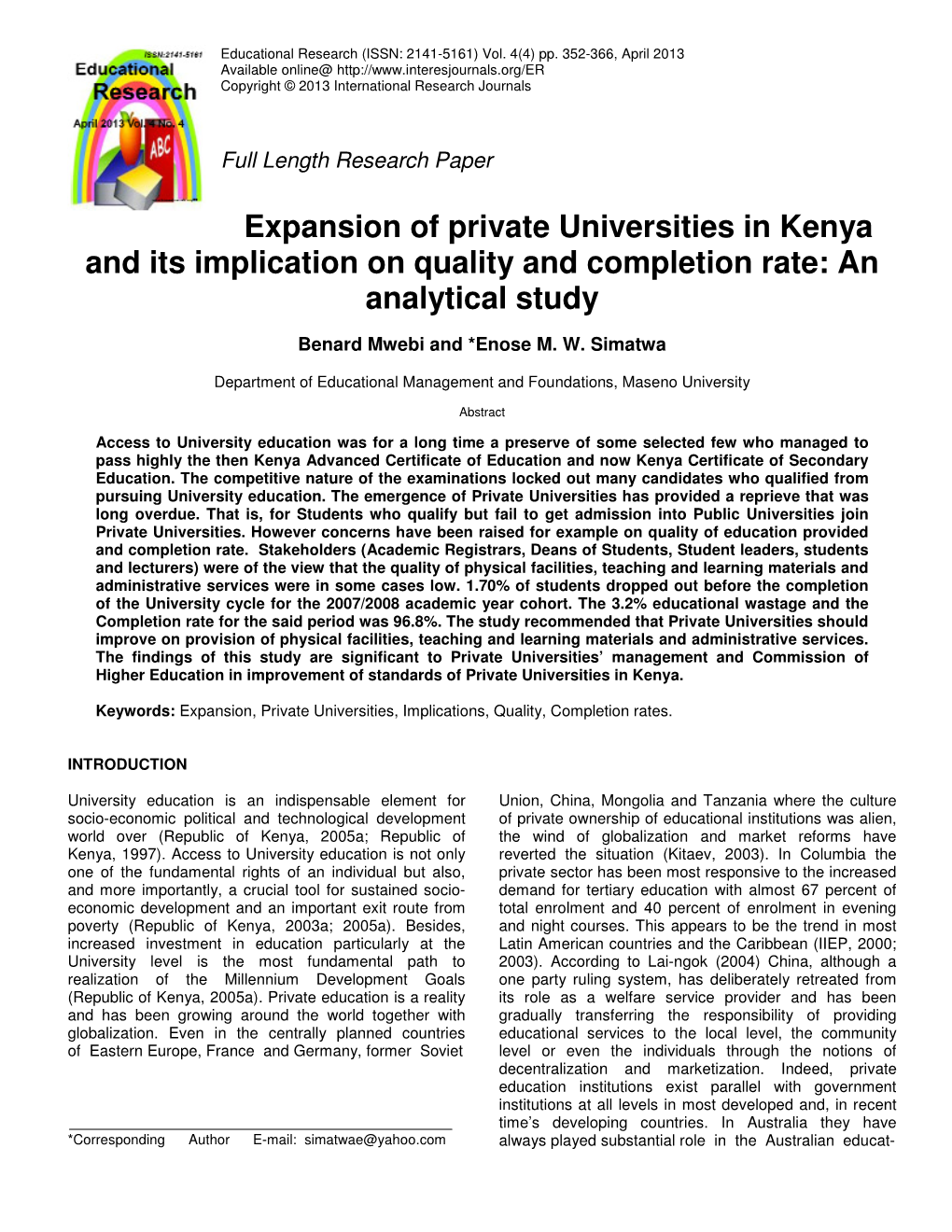 Expansion of Private Universities in Kenya and Its Implication on Quality and Completion Rate: an Analytical Study