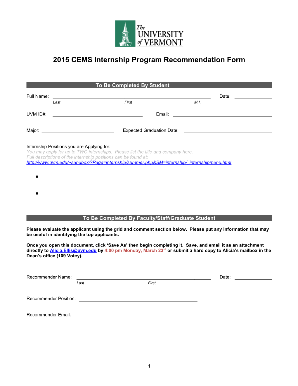 2015 CEMS Internship Program Recommendation Form