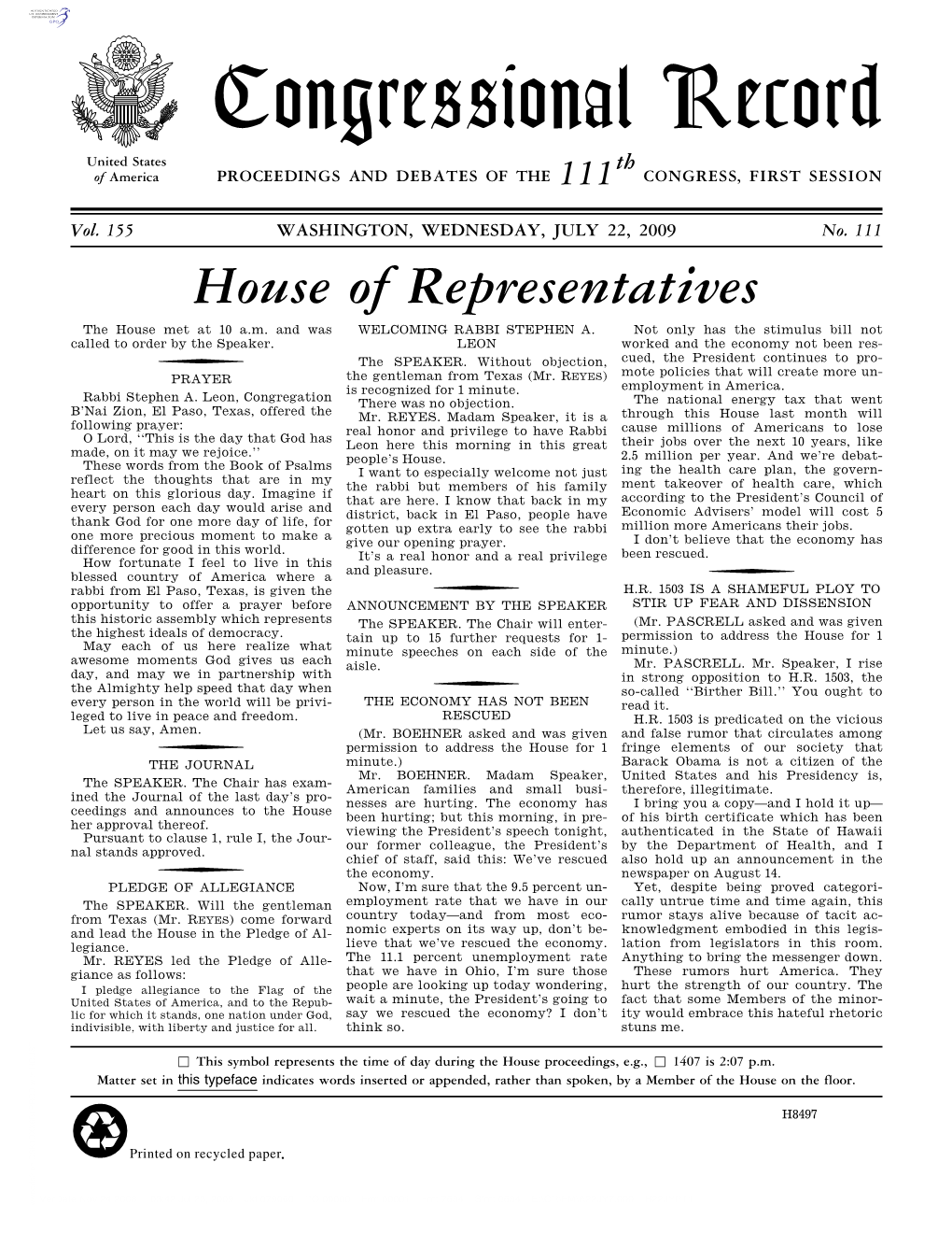 Congressional Record United States Th of America PROCEEDINGS and DEBATES of the 111 CONGRESS, FIRST SESSION