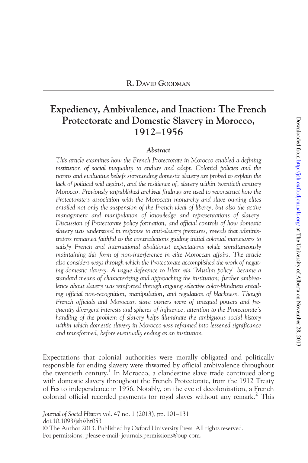 Expediency, Ambivalence, and Inaction: the French Protectorate and Domestic Slavery in Morocco, Downloaded from 1912–1956