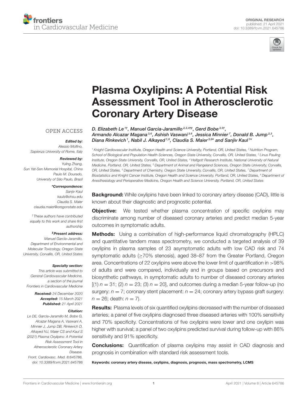 Plasma Oxylipins: a Potential Risk Assessment Tool in Atherosclerotic Coronary Artery Disease