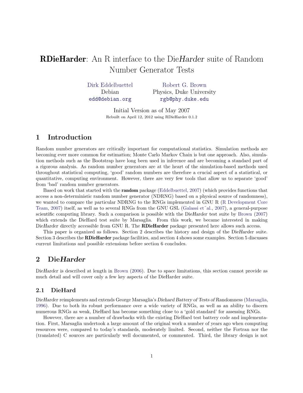 Rdieharder: an R Interface to the Dieharder Suite of Random Number Generator Tests