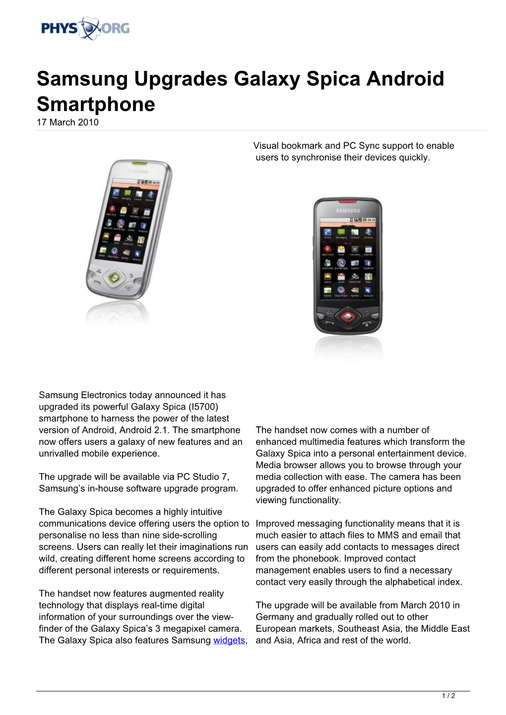Samsung Upgrades Galaxy Spica Android Smartphone 17 March 2010