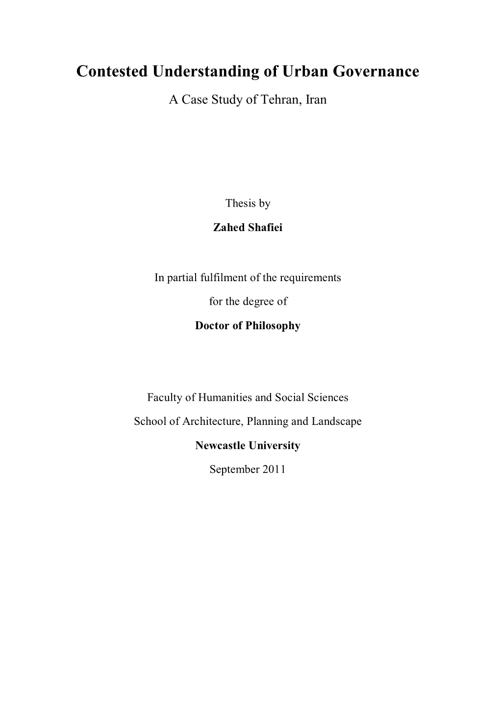 Contested Understanding of Urban Governance a Case Study of Tehran, Iran