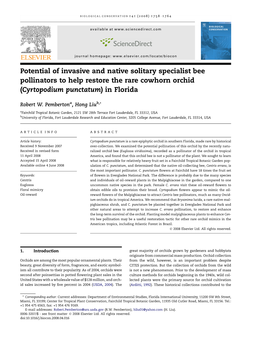 Potential of Invasive and Native Solitary Specialist Bee Pollinators to Help Restore the Rare Cowhorn Orchid (Cyrtopodium Punctatum) in Florida