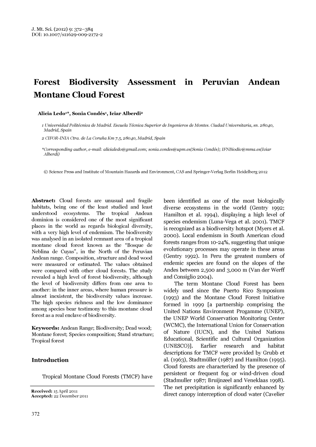 Forest Biodiversity Assessment in Peruvian Andean Montane Cloud Forest