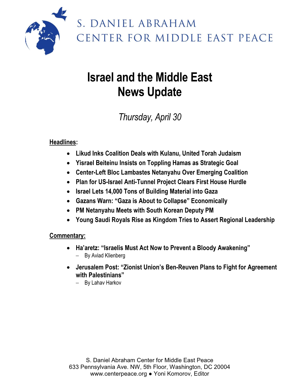 Israel and the Middle East News Update