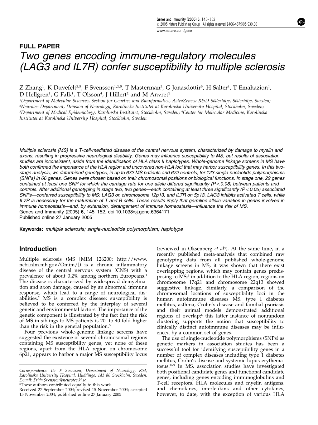 (LAG3 and IL7R) Confer Susceptibility to Multiple Sclerosis