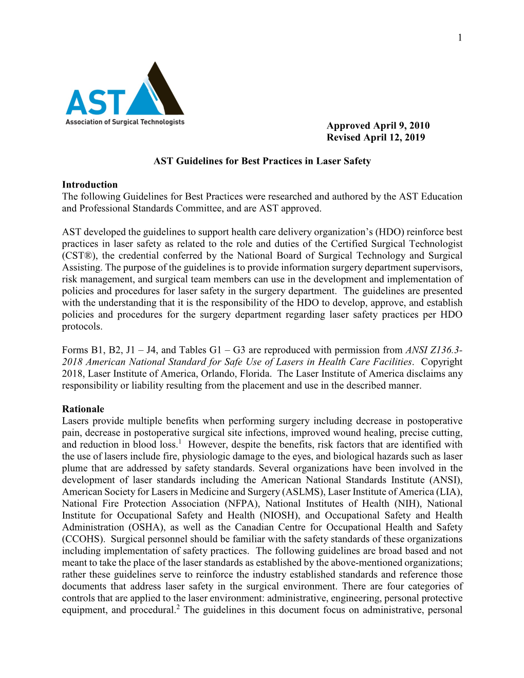 AST Guidelines for Laser Safety