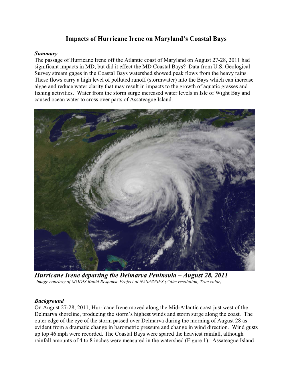 Impacts of Hurricane Irene on Maryland's