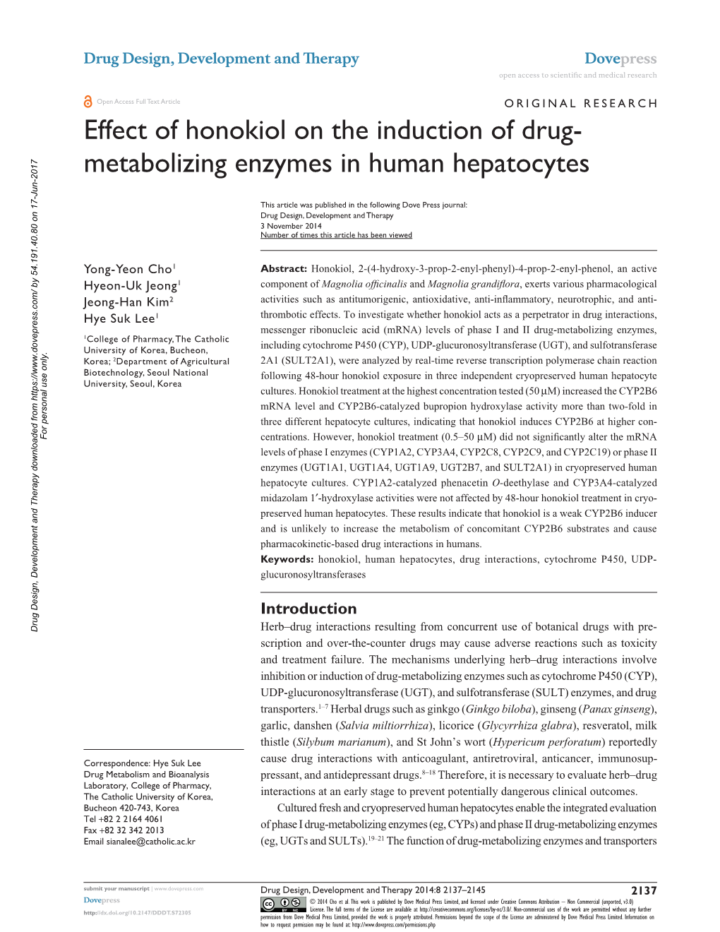 Effect of Honokiol on the Induction of Drug- Metabolizing Enzymes in Human Hepatocytes