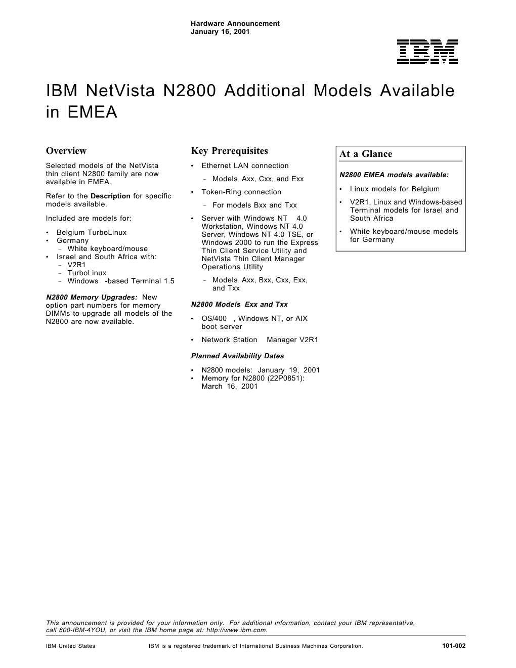 IBM Netvista N2800 Additional Models Available in EMEA