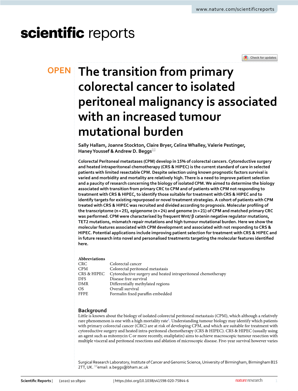 The Transition from Primary Colorectal Cancer to Isolated Peritoneal