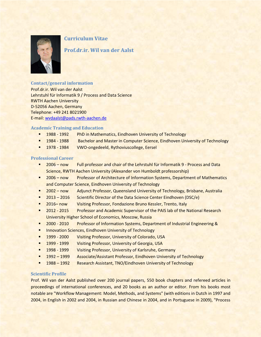 Curriculum Vitae Prof.Dr.Ir. Wil Van Der Aalst
