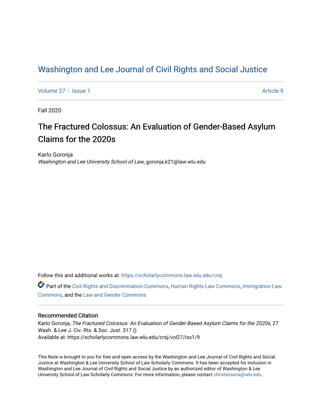 An Evaluation of Gender-Based Asylum Claims for the 2020S