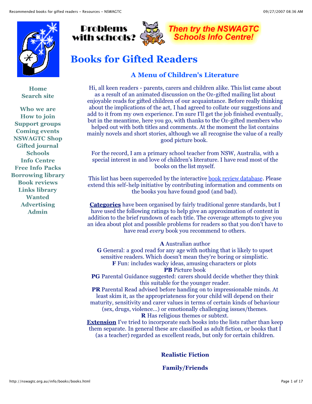 Recommended Books for Gifted Readers - Resources - NSWAGTC 09/27/2007 08:36 AM