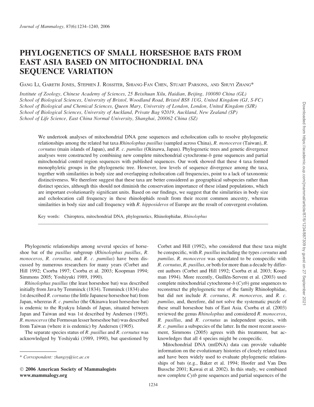 Phylogenetics of Small Horseshoe Bats from East Asia Based on Mitochondrial Dna Sequence Variation