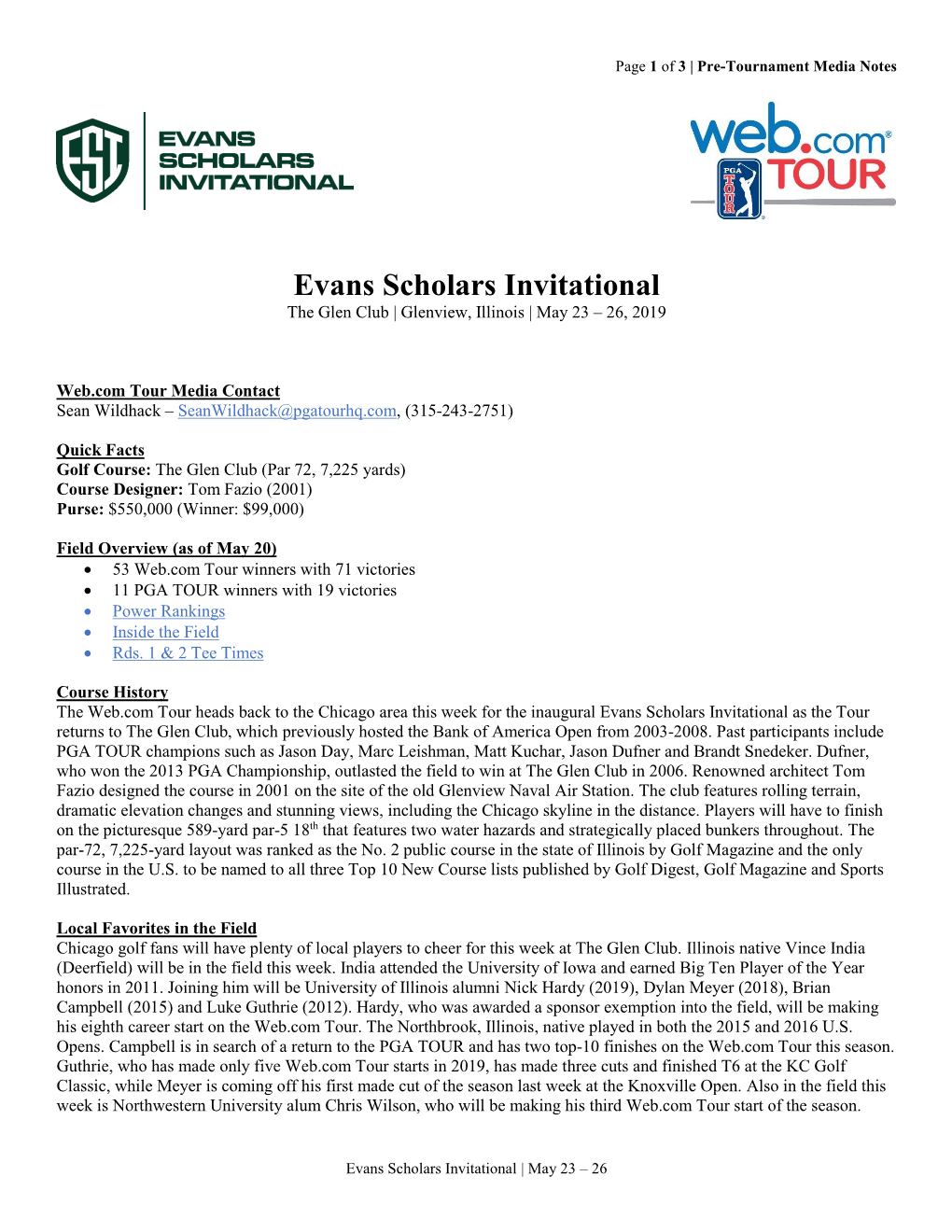 Evans Scholars Invitational the Glen Club | Glenview, Illinois | May 23 – 26, 2019