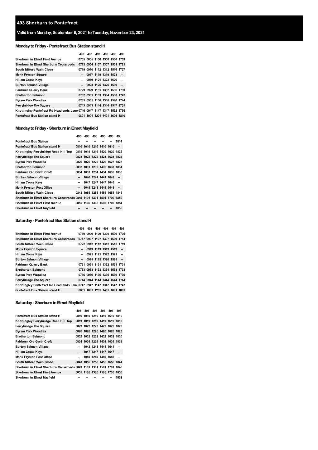 493 Sherburn to Pontefract Valid from Monday, September 6, 2021 to Tuesday, November 23, 2021